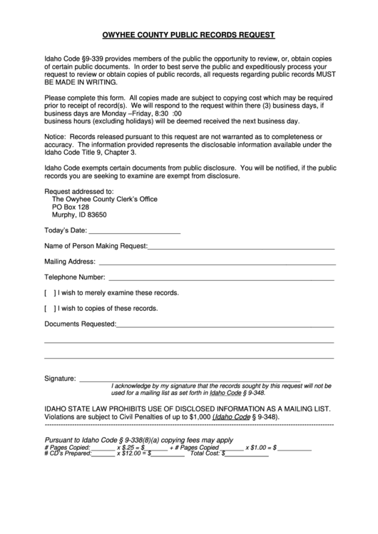 Public Records Request Form - Owyhee County Printable pdf