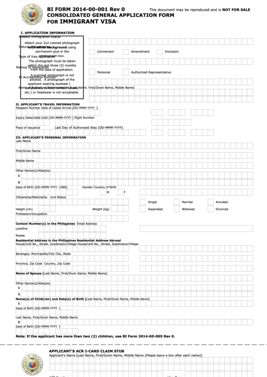 Bi Form 2014-00-001 - Consolidated General Application Form For Immigrant Visa Printable pdf