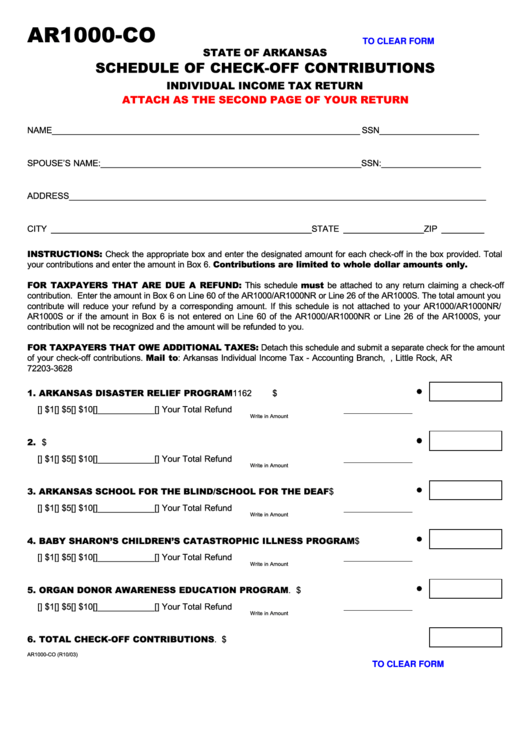 Fillable Form Ar1000-Co - Schedule Of Check-Off Contributions - State Of Arkansas Printable pdf