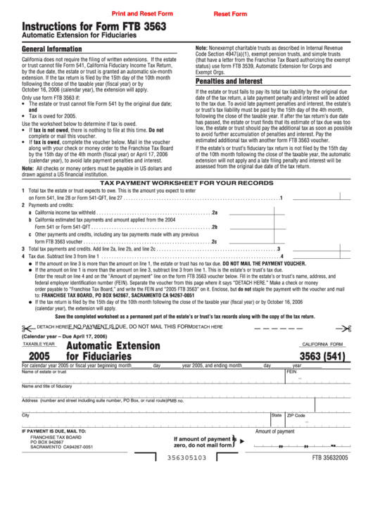 Fillable California Form 3563 (541) - Automatic Extension For Fiduciaries - 2005 Printable pdf