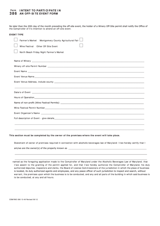 Fillable Form 386- Intent To Participate In An Off-Site Event Form Printable pdf
