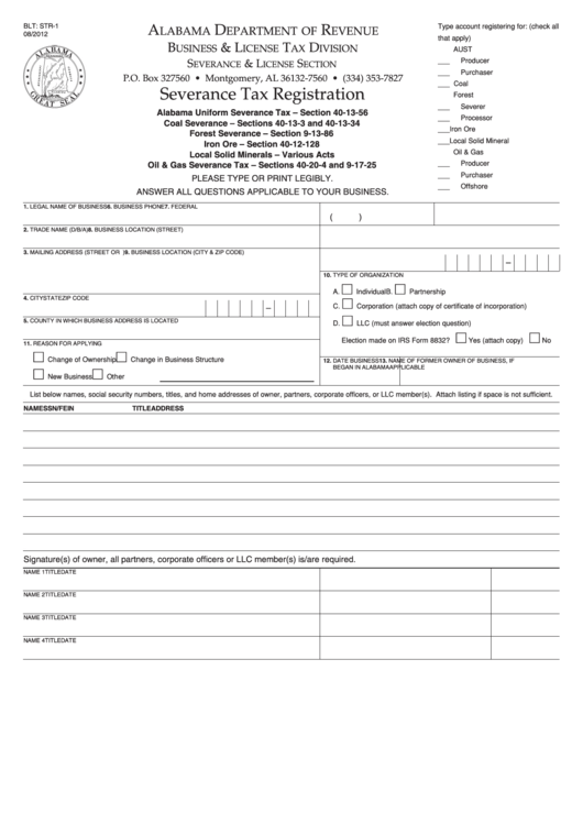 Fillable Form Blt: Str-1 - Severance Tax Registration Printable pdf