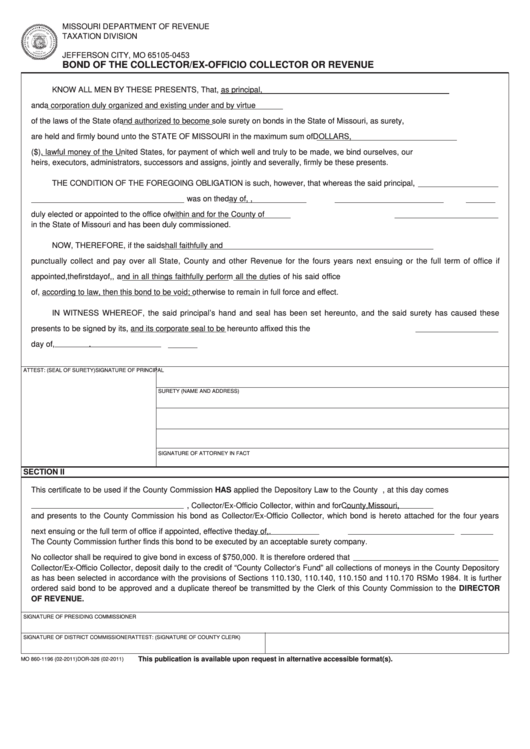 Fillable Form 326 - Bond Of The Collector/ex-Officio Collector Or Revenue Printable pdf