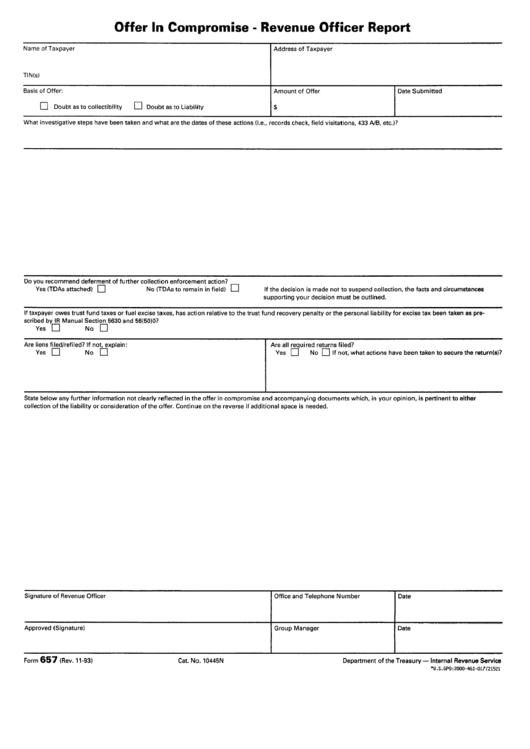 Form 657 - Offer In Compromise - Revenue Officer Report Printable pdf