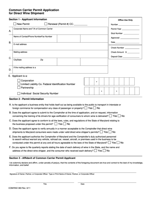 Fillable Form Com/rad 383 - Common Carrier Permit Application For Direct Wine Shipment Printable pdf