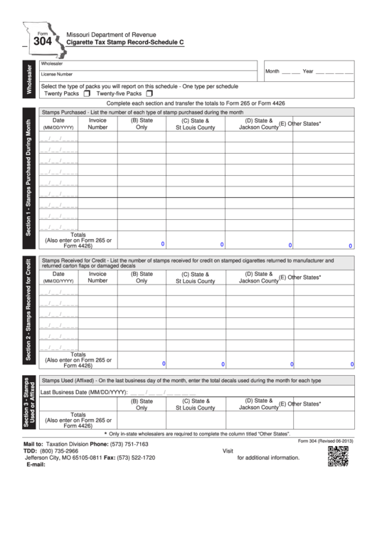 Fillable Form 304 - Cigarette Tax Stamp Record - Schedule C Printable pdf