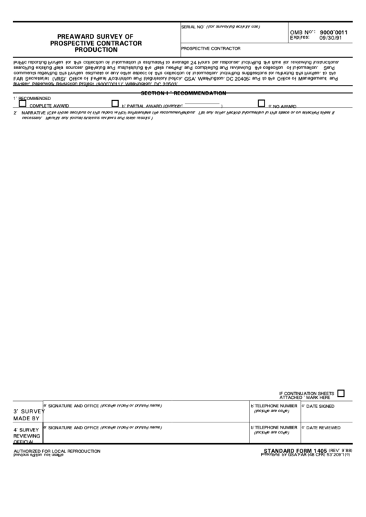 Standard Form 1405 - Preaward Survey Of Prospective Contractor Production Printable pdf