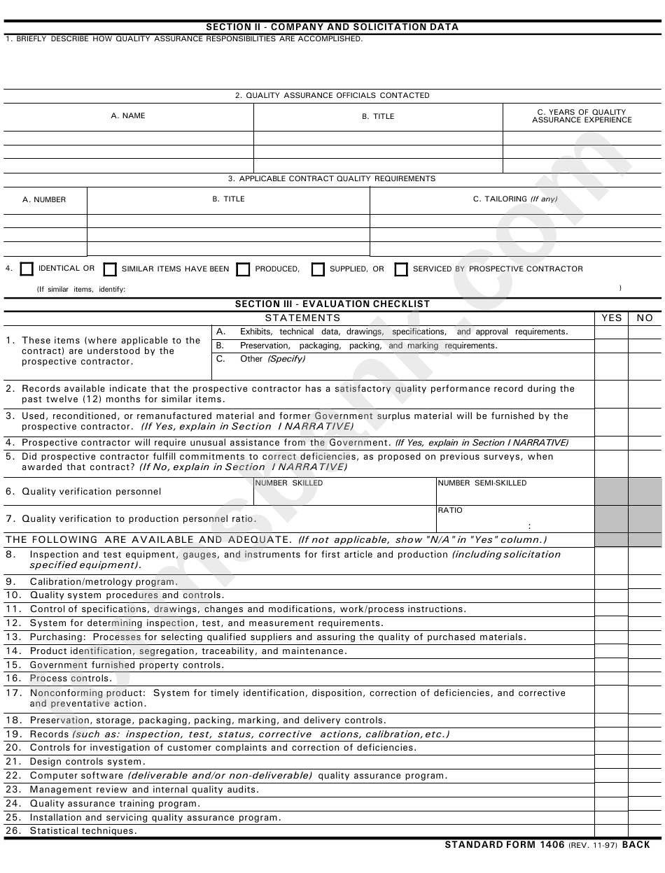 Standard Form 1406 - Preaward Survey Of Prospective Contractor Quality Assurance