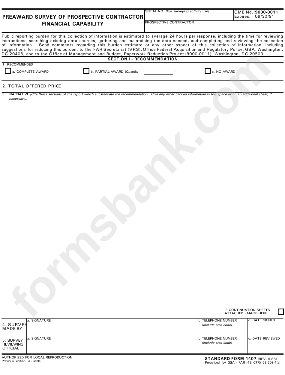 Standard Form 1407 - Preaward Survey Of Prospective Contractor Financial Capability