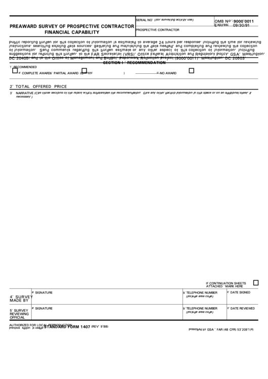 Fillable Standard Form 1407 - Preaward Survey Of Prospective Contractor Financial Capability Printable pdf