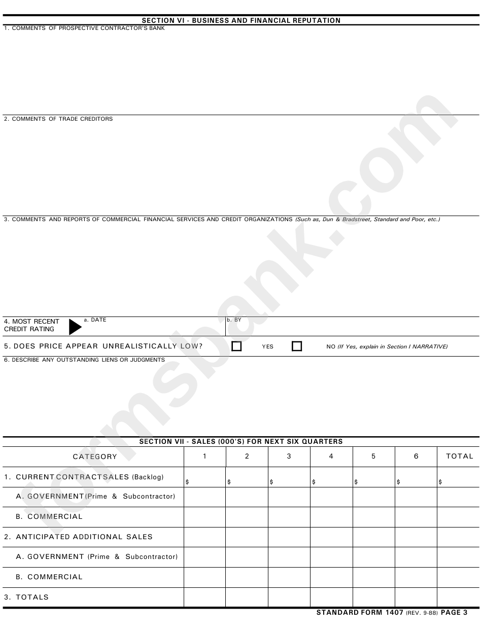Standard Form 1407 - Preaward Survey Of Prospective Contractor Financial Capability