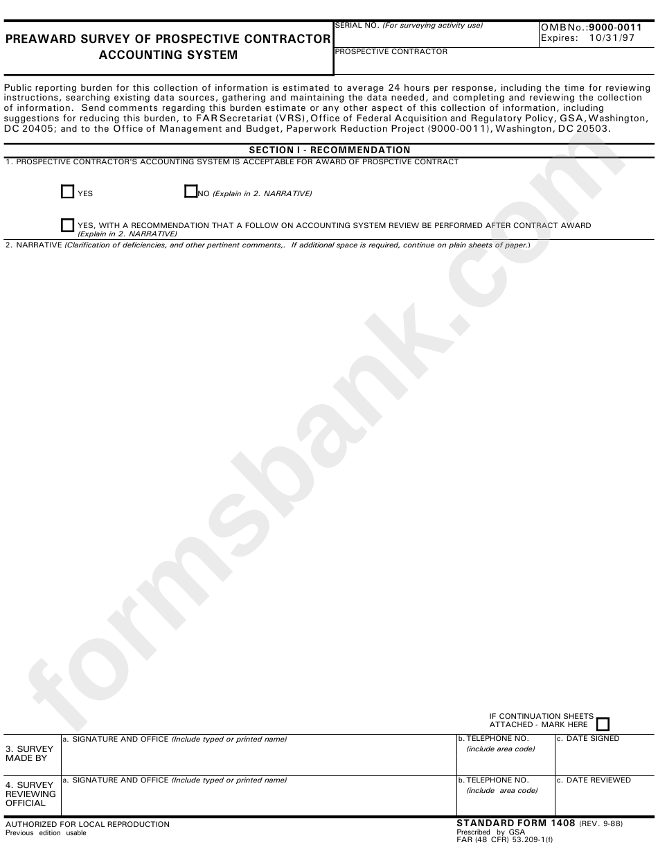 Standard Form 1408 - Preaward Survey Of Prospective Contractor Accounting System