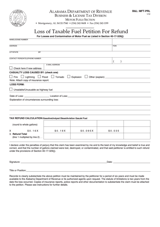 Fillable Form B/l: Mft-Prl - Loss Of Taxable Fuel Petition For Refund Printable pdf