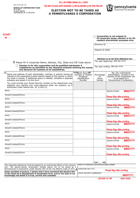 Form Rev-976 - Election Not To Be Taxed As A Pennsylvania S Corporation Printable pdf