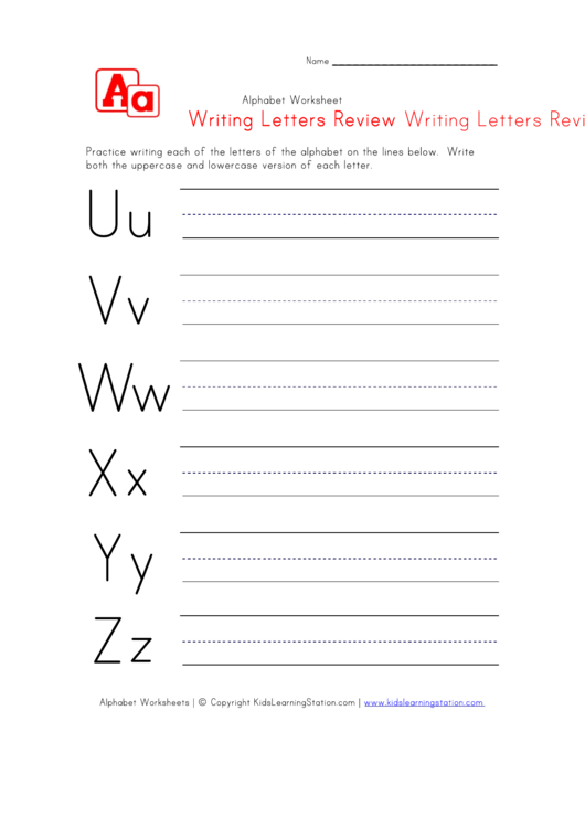 Alphabet Worksheet For Kids - Writing Letters U, V, W, X, Y And Z Review Printable pdf