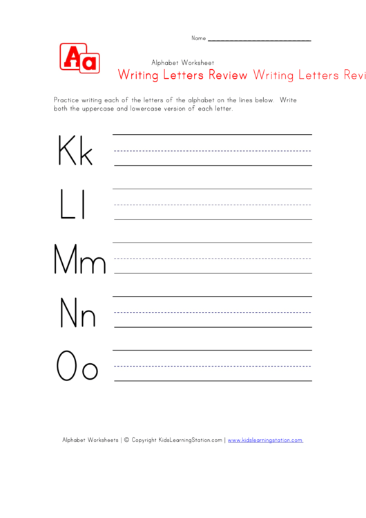 Alphabet Worksheet For Kids - Writing Letters K, L, M, N And O Review Printable pdf