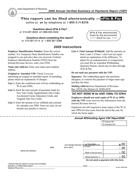 Form 44-007 - Annual Verified Summary Of Payments Report (Vsp) - 2009 Printable pdf