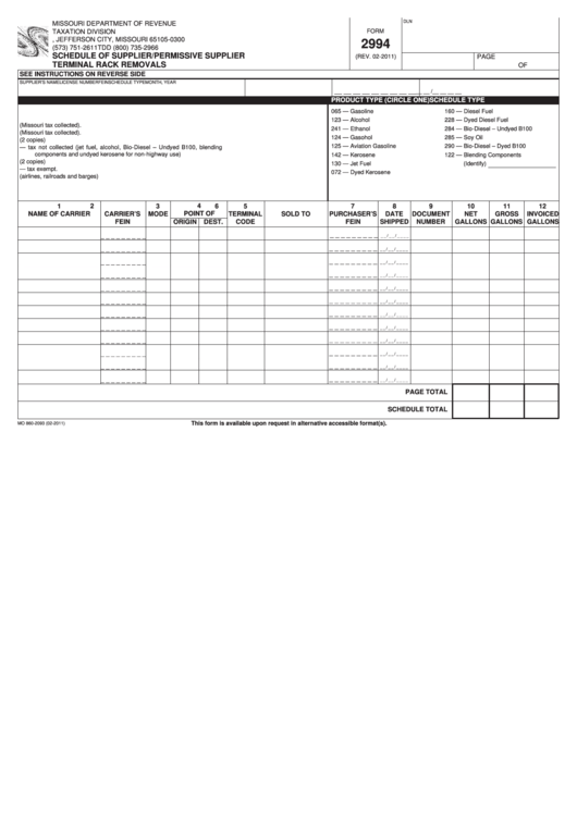 Fillable Form 2994 - Schedule Of Supplier/permissive Supplier Terminal Rack Removals Printable pdf