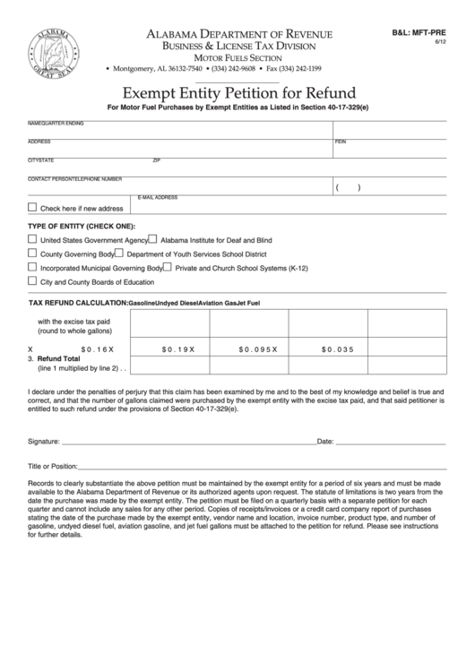 Fillable Form B/l: Mft-Pre - Exempt Entity Petition For Refund Printable pdf