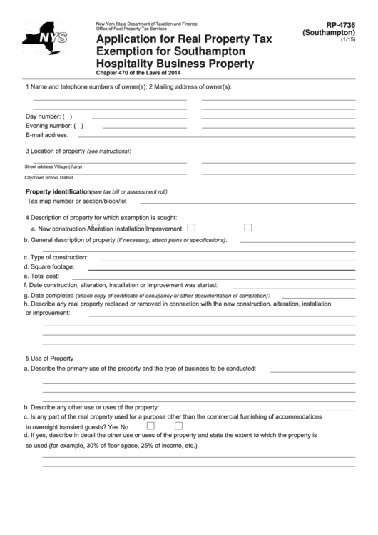 Fillable Form Rp-4736 - Application For Real Property Tax Exemption For Southampton Hospitality Business Property Printable pdf