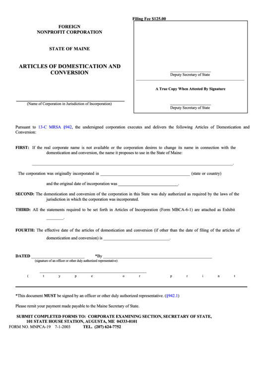 Fillable Form Mnpca-19 - Foreign Nonprofit Corporation Articles Of Domestication And Conversion - 2003 Printable pdf