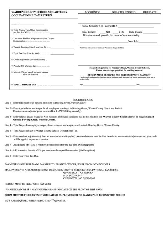 Warren County Schools Quarterly Occupational Tax Return Form Printable pdf