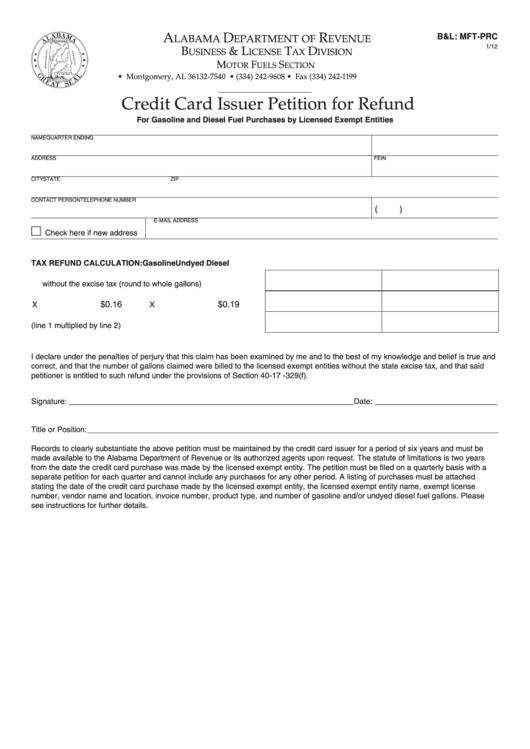 Fillable Form B/l: Mft-Prc - Credit Card Issuer Petition For Refund Printable pdf