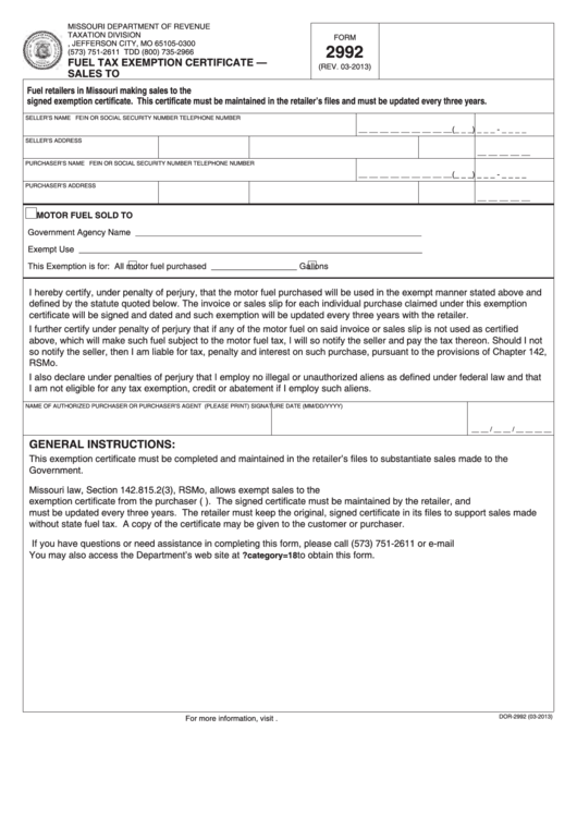 Fillable Form 2992 - Fuel Tax Exemption Certificate - Sales To U.s. Government Printable pdf