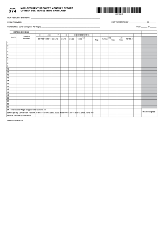 Fillable Form 374 - Non-Resident Brewery Monthly Report Of Beer Deliveries Into Maryland Printable pdf