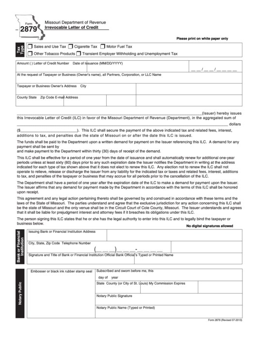 Fillable Form 2879 - Irrevocable Letter Of Credit Printable pdf