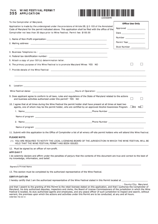 Fillable Form 355 - Wine Festival Permit Application Printable pdf