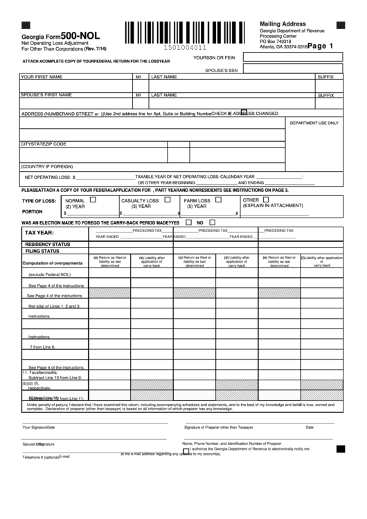 Fillable Form 500-Nol - Net Operating Loss Adjustment For Other Than Corporations Printable pdf