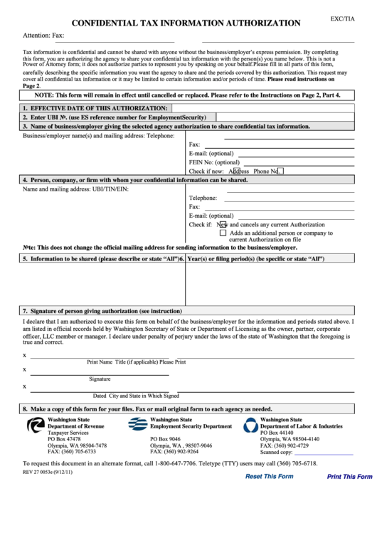 Fillable Form Rev 27 0053e - Confidential Tax Information Authorization Printable pdf
