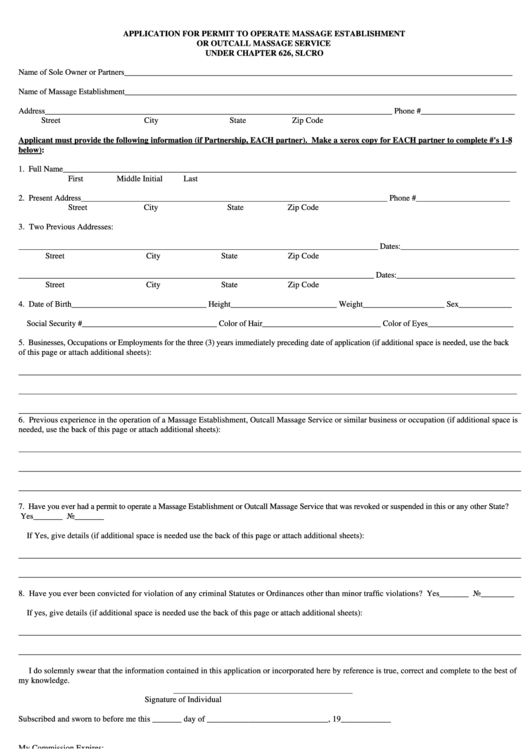 Form Application For Permit To Operate Massage Establishment Or Outcall Massage Service - 2000 Printable pdf