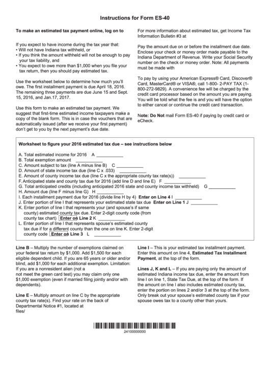 Instructions For Form Es-40 - Estimated Tax Payment Form - 2016 Printable pdf