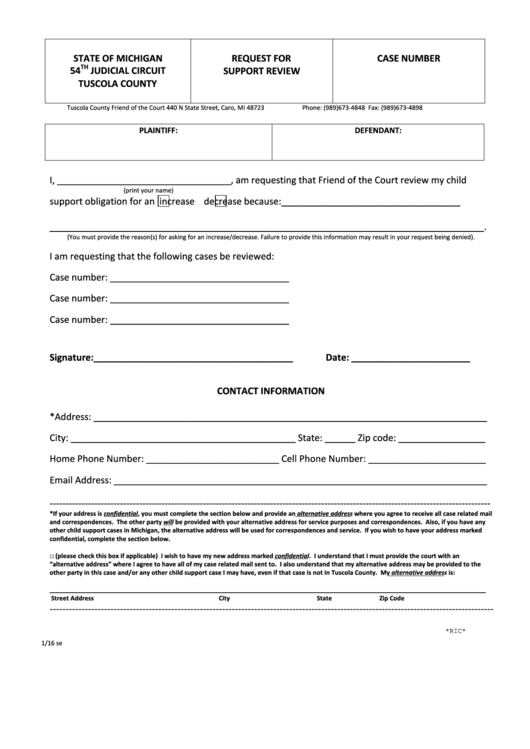Form Request For Support Review - Tuscola County, Michigan Printable pdf