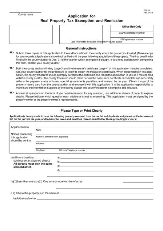 Fillable Form Dte 23 - Application For Real Property Tax Exemption And Remission Printable pdf