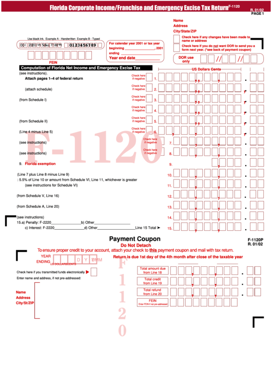 Form F-1120 - Florida Corporate Income/franchise And Emergency Excise Tax Return - 2002 Printable pdf