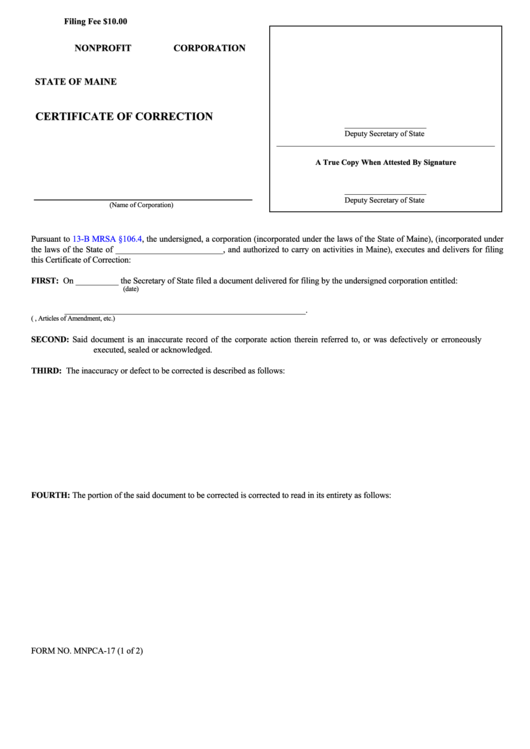 Fillable Form Mnpca-17 - Nonprofit Corporation Certificate Of Correction Printable pdf