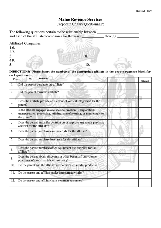 Corporate Unitary Questionnaire Form - Maine Revenue Services - 1999 Printable pdf