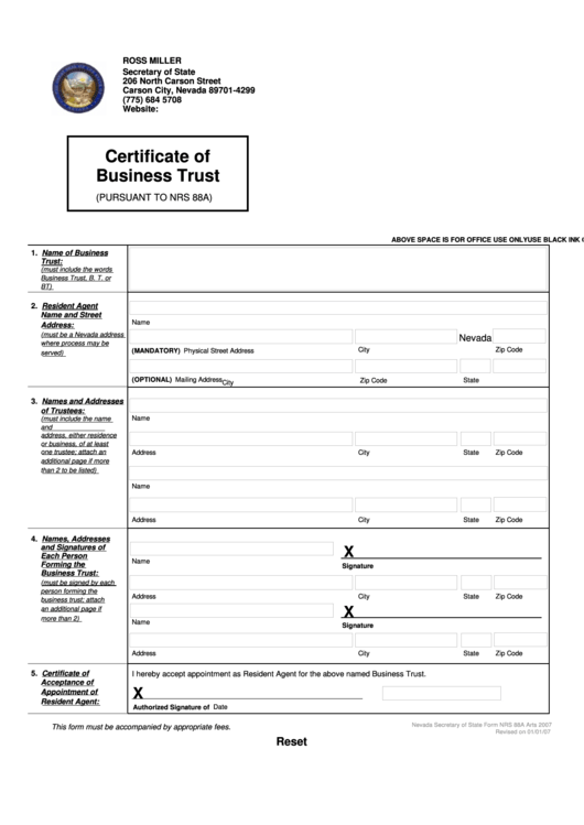 Fillable Form Nrs 88a - Certificate Of Business Trust - Nevada Secretary Of State Printable pdf