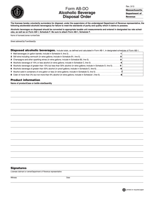 Form Ab-Do - Alcoholic Beverage Disposal Order Printable pdf