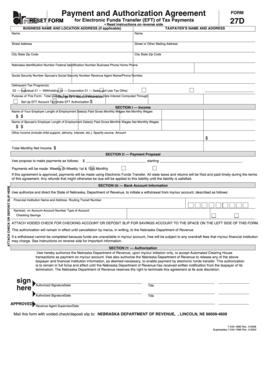 Fillable Form 27d - Payment And Authorization Agreement For Electronic Funds Transfer (Eft) Of Tax Payments Printable pdf