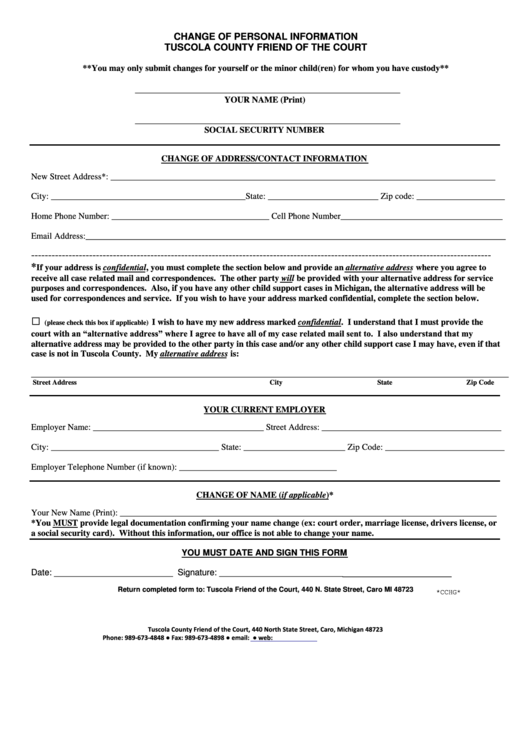Form Change Of Personal Information Tuscola County Friend Of The Court Printable pdf