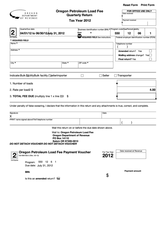 Fillable Form 150-608-002-2 - Oregon Petroleum Load Fee Quarterly Return - 2012 Printable pdf