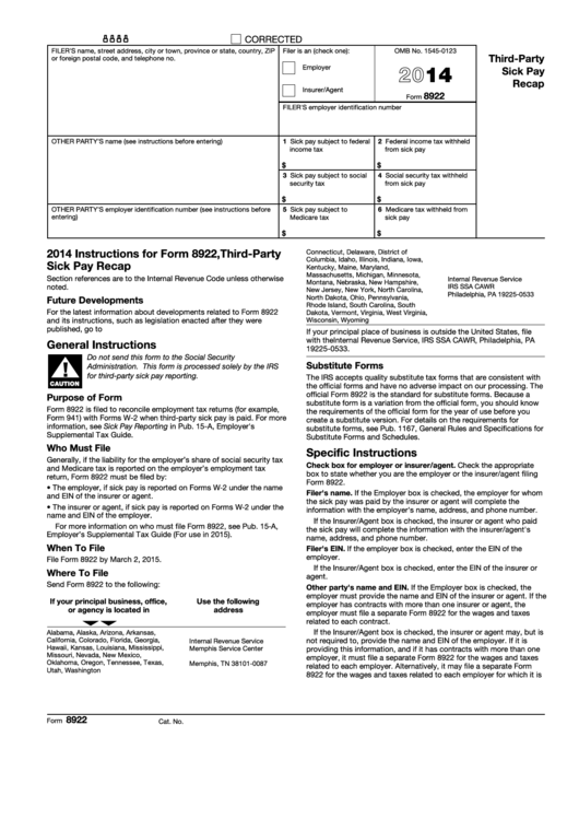 Fillable Form 8922 - Third-Party Sick Pay Recap - 2014 Printable pdf