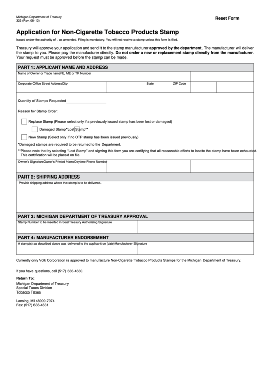 Fillable Form 323 - Application For Non-Cigarette Tobacco Products Stamp Printable pdf