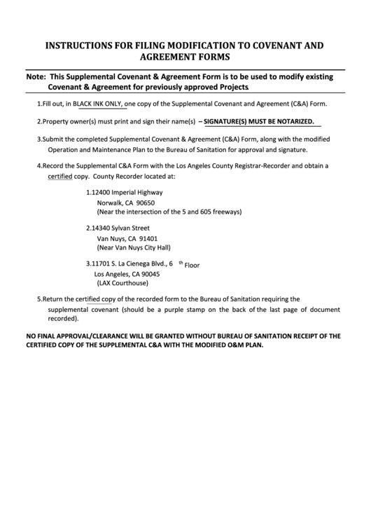 Instructions For Filing Modification To Covenant And Agreement Forms Printable pdf