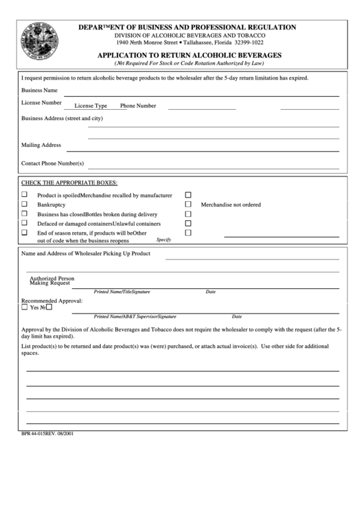 Form Bpr 44-015 - Application To Return Alcoholic Beverages Form Printable pdf