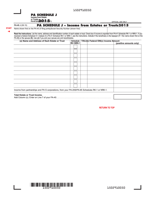 Form Pa-40 J - Pa Schedule J - Income From Estates Or Trusts - 2015 Printable pdf